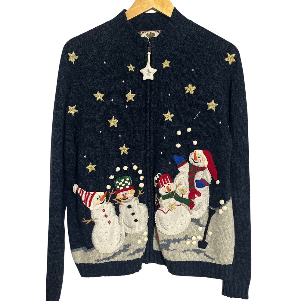 Vintage Tiara International Snowman And Stars Zip Cardigan Embroidered Christmas